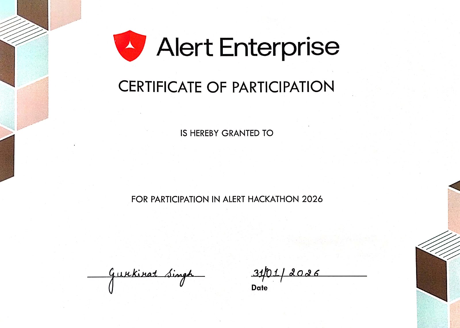 Alert Enterprise Hackathon Certificate